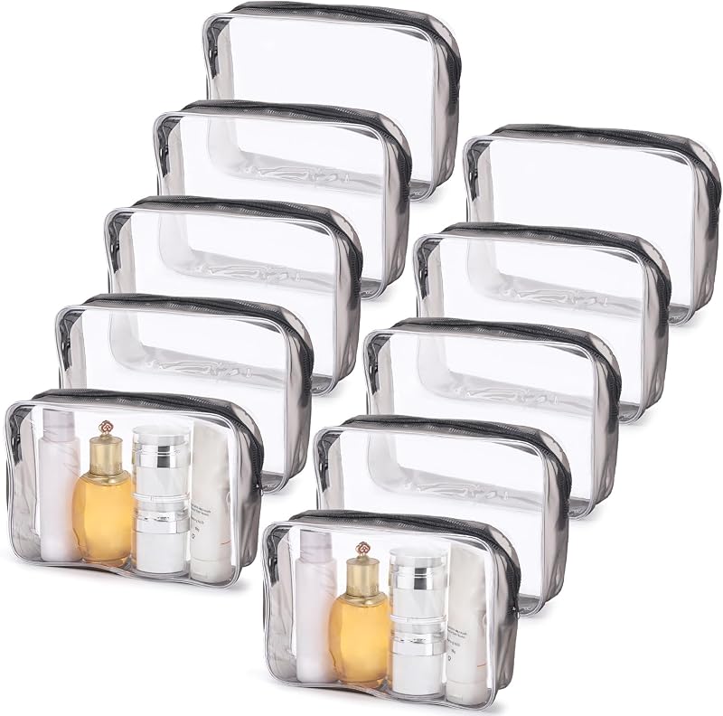 Tbestmax Necessaires de Maquiagem Transparentes em PVC com Zíper, Preto Fosco, 20,07 x 16 x 6,6 cm, Pacote com 10