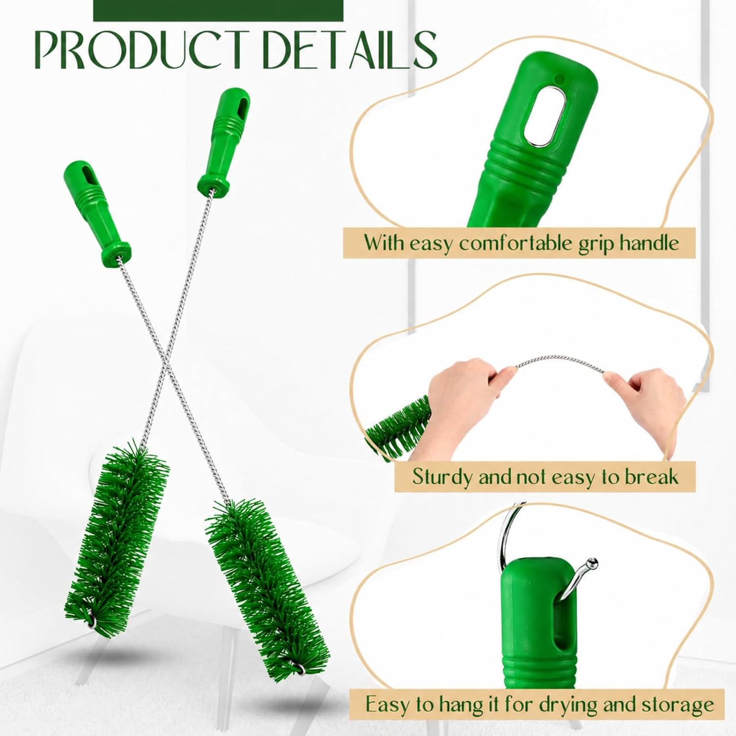 Baderke 2 Pcs Drain Brush Pipe Cleaning Tube Brush, Green, 19.7 x 2 Inch image 3