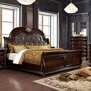 Queen Size Bed Bedroom Furniture Traditional Formal Brown Cherry Tufted Padded Leatherette Camel Back HB Bed