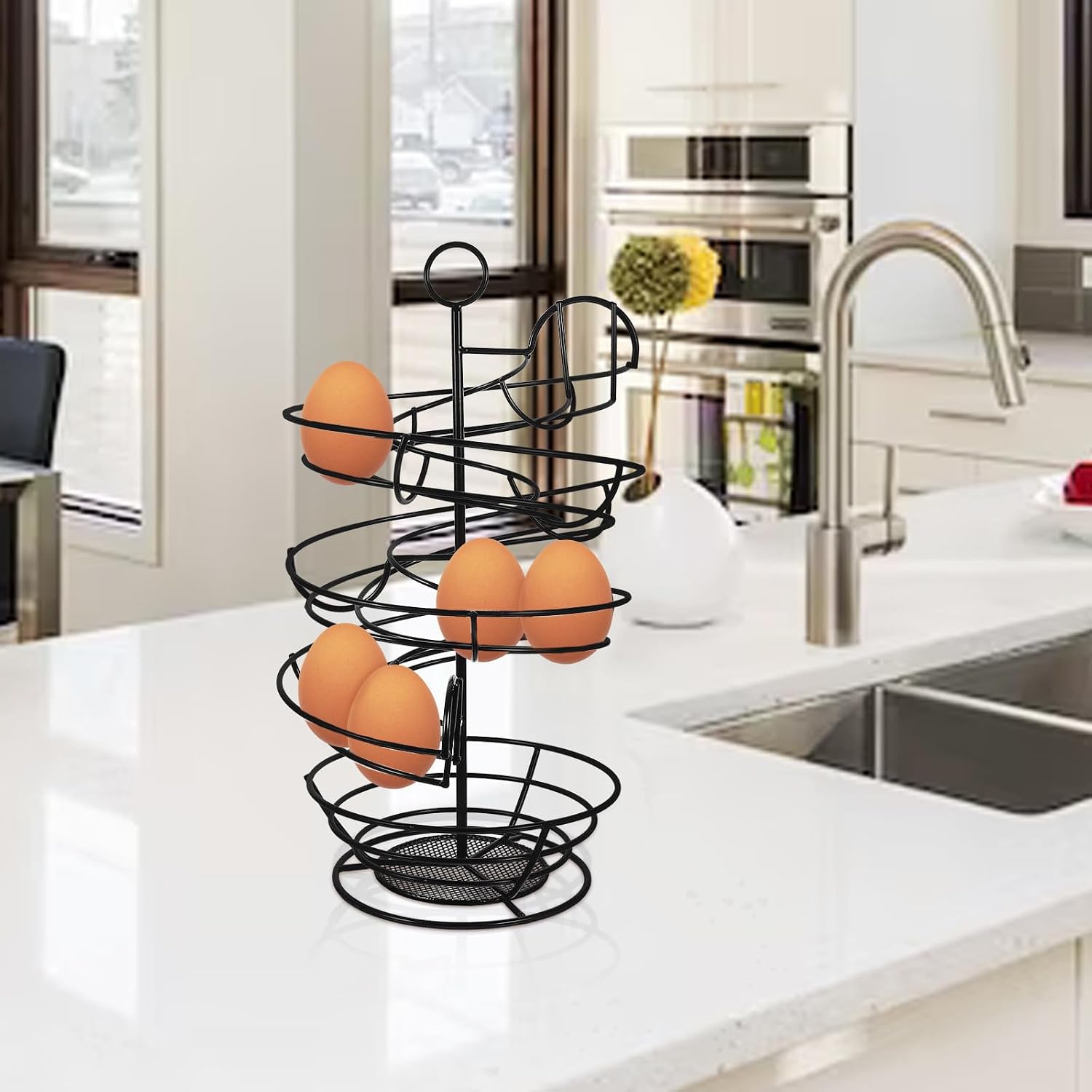 PRETYZOOM Multi-function Iron Egg Basket with Spiral Structure and Large Capacity, Space-saving Kitchen and Refrigerator Egg Storage Rack with Sturdy Mesh Wire Design