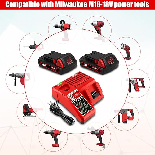 Miniatura 2 de BatPower 2-Pack 18V 4.0AH Compact Lithium Battery & Charger Kit - Replacement for Milwaukee M18 Battery & Charger Combo (48-59-1812) - 3.0AH