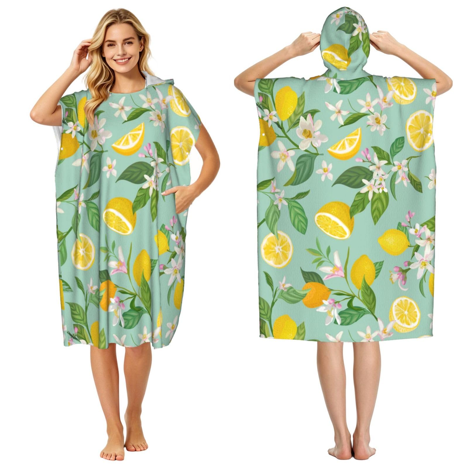 Poadnly Teal Lemon And Leaf Printed, Adult Hooded Beach Towel 90 x 110 cm,Changing Bath Robe, Surf Poncho Towel For Women Men