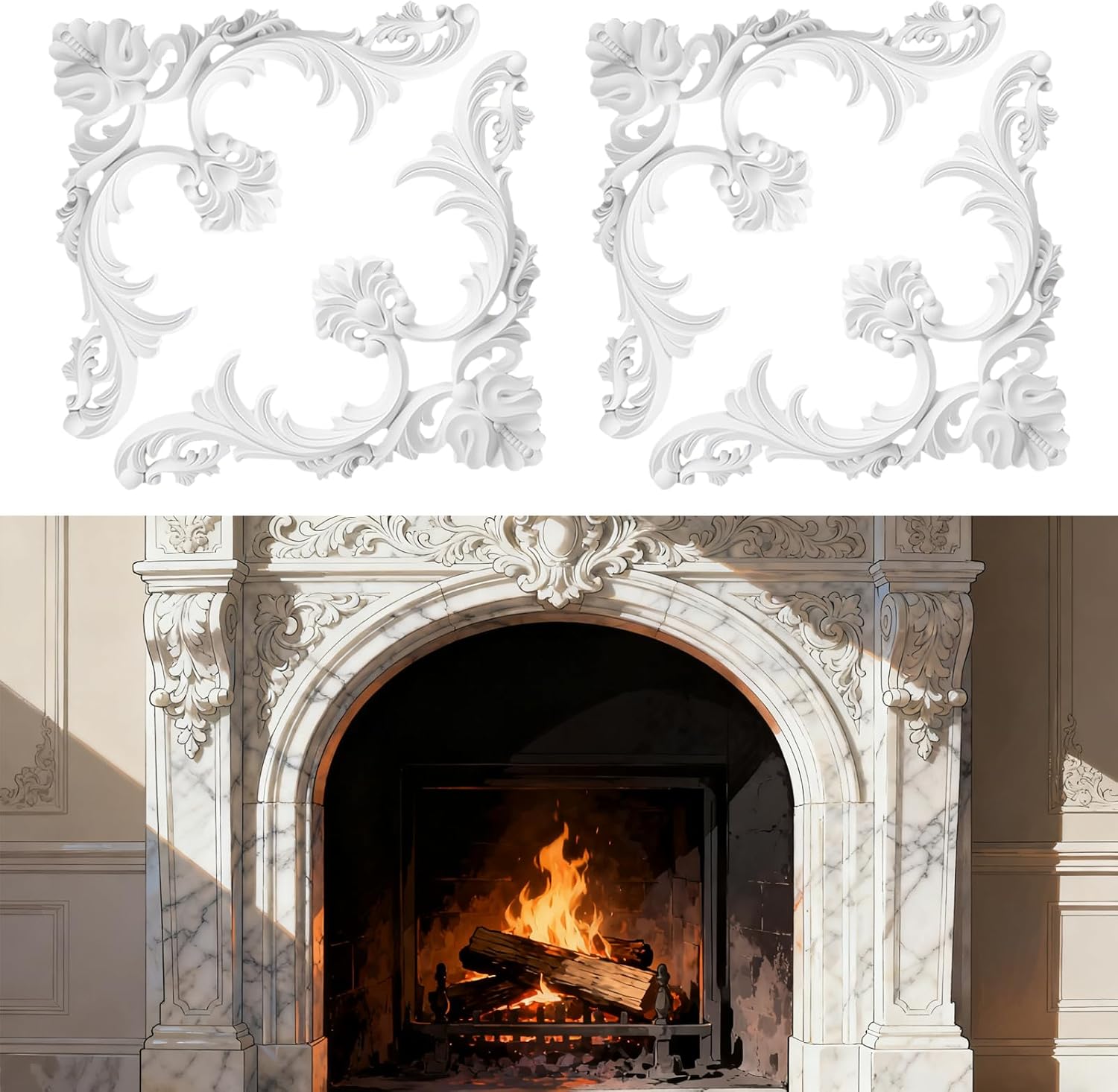 4 Pack Ceiling Molding Kit - 13.4'' x 13.4'' French Style Corners Murals Trim Accent Wall Decor with Flowers Pattern Decorative Panels for Christmas Fireplace Medallion Wall Cabinet Staircase DIY