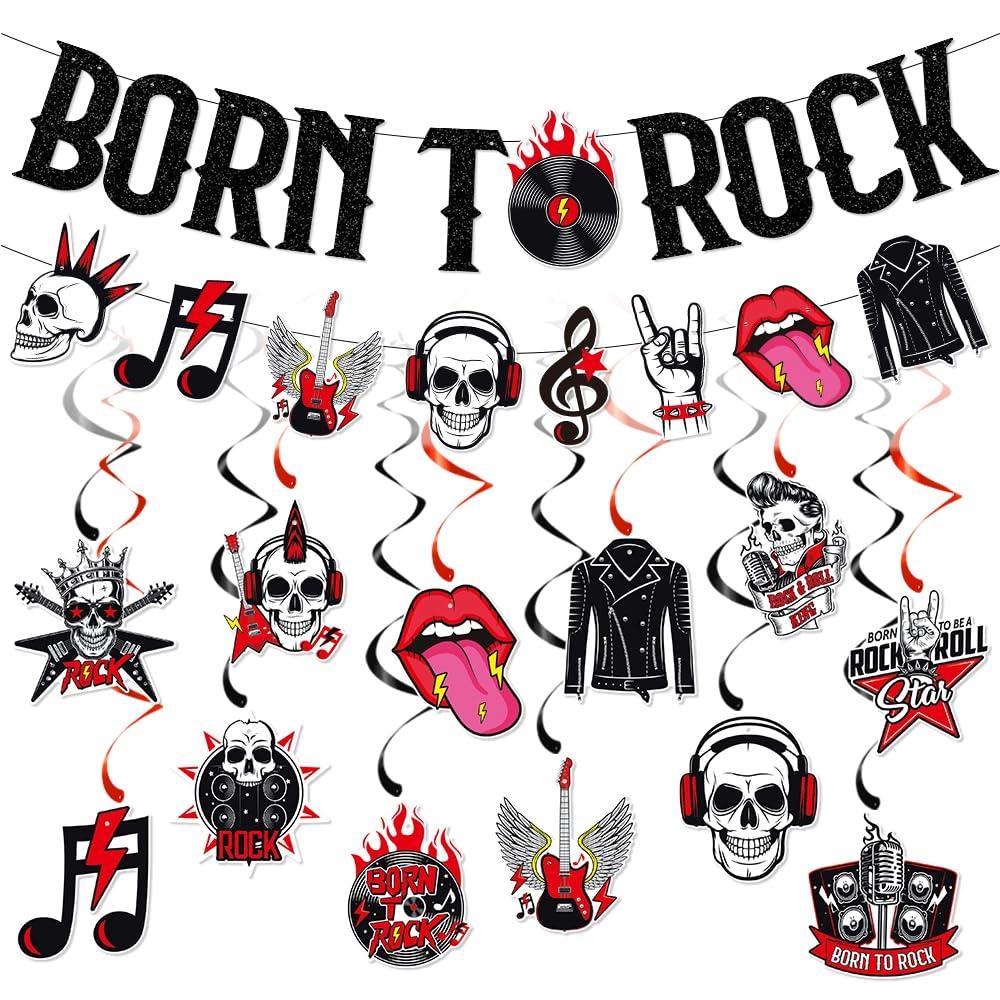 Born to Rock Glitter Banner Garland, Skull Music Note Guitar Ceiling Hanging Swirl Streamers