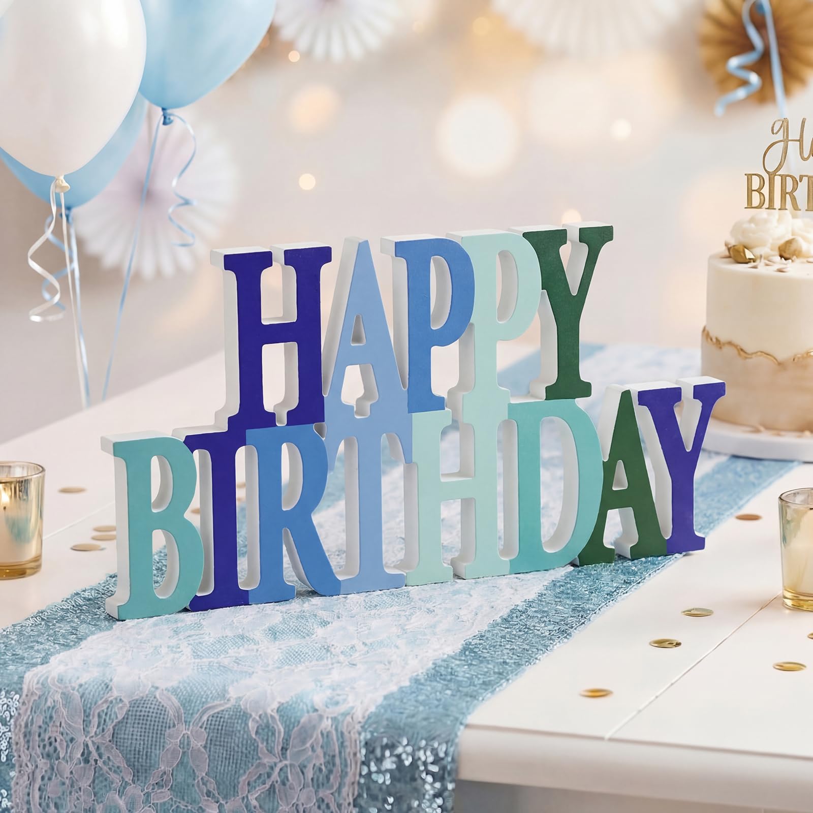 Novabright Brokatowy niebieski i zielony znak "Happy Birthday" dekoracja na stół dekoracje na przyjęcie urodzinowe dla kobiet urodziny tematyczne uroczystości artykuły imprezowe
