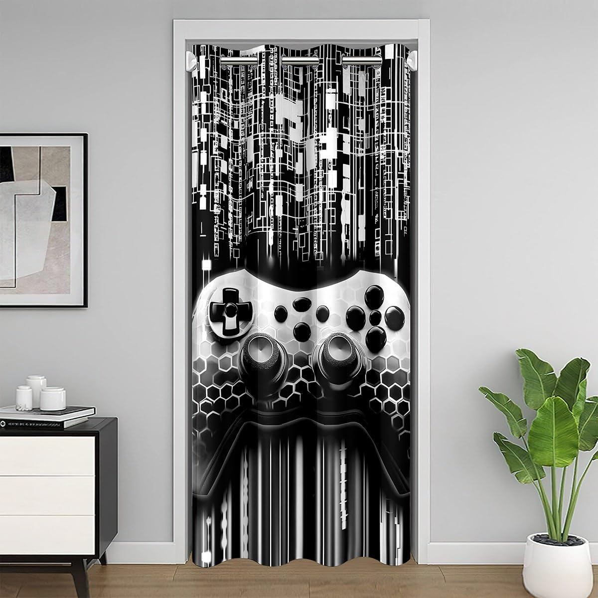3D Gaming Gamepad Door Curtain, Neon Lights Honeycomb Closet Door Cover Curtains for Living Room Modern Videogames Controller Grey 30%-50% Room Blackout Curtain 60x80 Inch 1 Panel