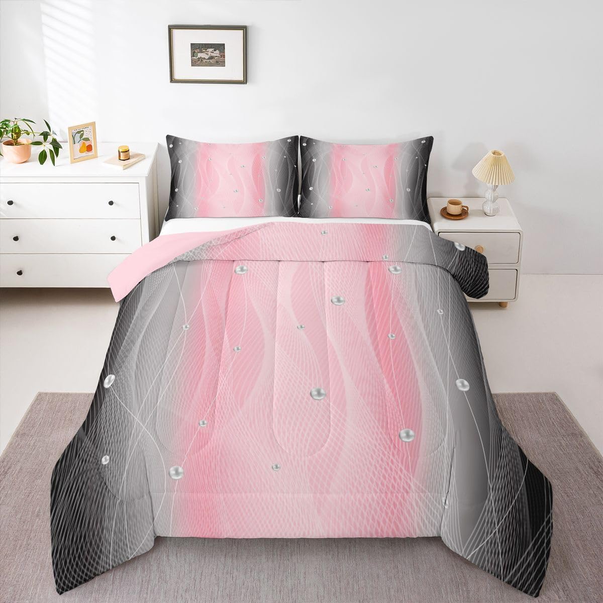 jejeloiu King Size Pink and Black Bedding Set Boys Girls Strip Lines Comforter Set for Kids Women Men Ombre Pearl Printed Comforter Geometric Duvet Set Room Decor Quilt Set