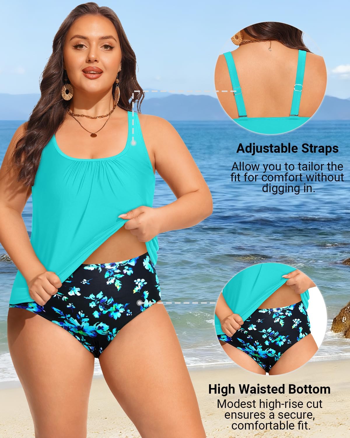 Yonique Plus Size Two Piece Swimsuit for Women Blouson Tankini Tummy Control Bathing Suit - Image 5