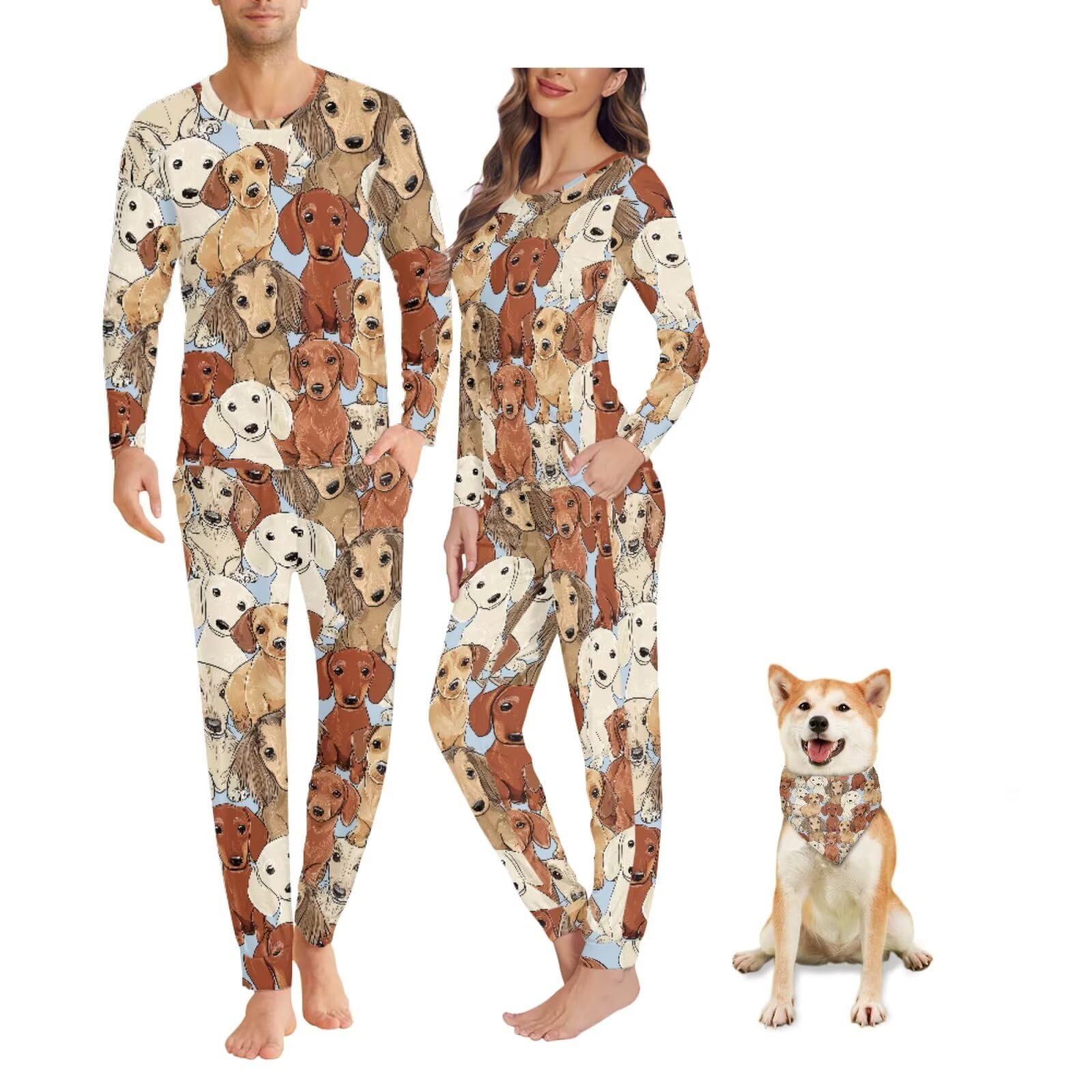 COEQINE Pijamas familiares con bandana para perro, camisones de manga larga para mujer, conjuntos de pijamas a juego, conjunto de descanso para parejas