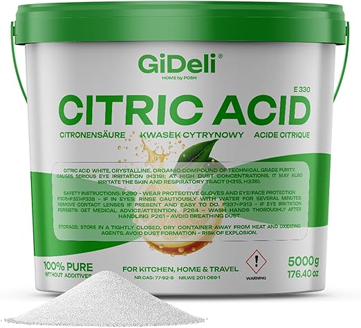 GiDeli Citric acid food grade in powder monohydrate 5000 g pure E330 crystals cleaning quality descaler acid agent unsweetened in resealable bucket 5 kg