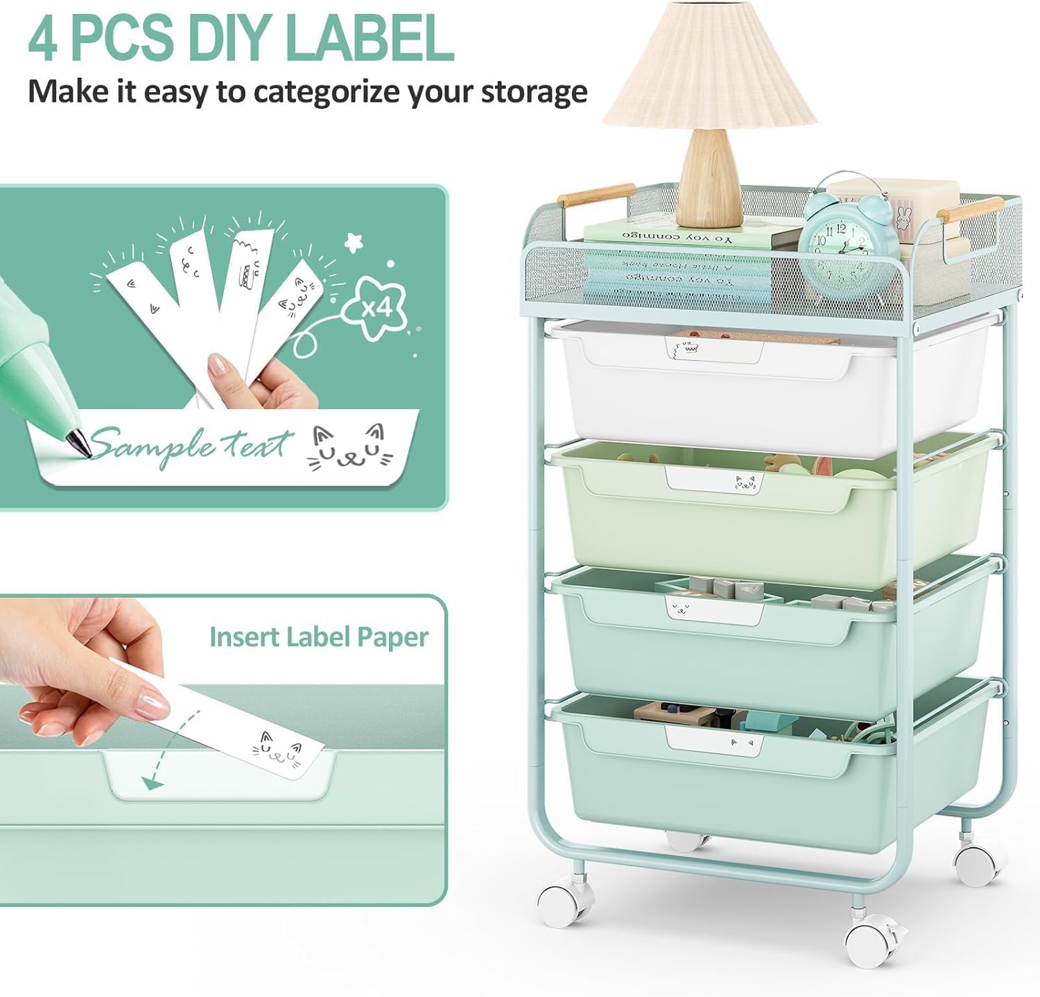4 Drawer Rolling Utility Craft Storage Organizer Cart with Convenient Mesh Top, Art Supplies Storage Cart with 4 DIY Labels for Home Office Classroom Bedroom Kids, Green