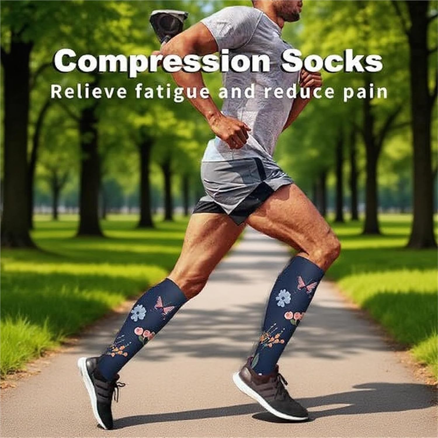 Compression Socks 6-Pair Set - Polyester Quick-Dry Sports Socks For Running/Yoga, Anti-Slip & Stretch Calf Support