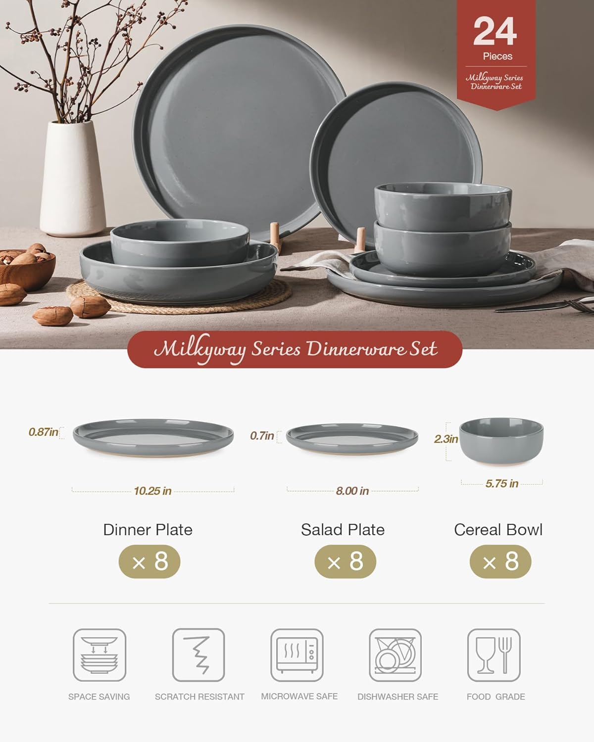 famiware milkyway dinnerware sets, 24 piece dish set, plates and bowls sets for 8, dark gray dark gray 8-set(24pcs)