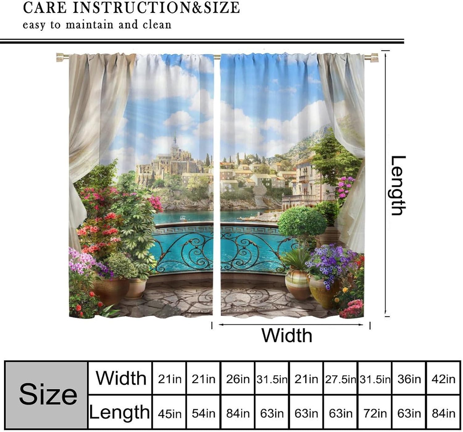European Italian Natural Scenery Blackout Window Curtains, Lake View Garden Balcony Vintage Balcony Window Drapes, for Living Room Bedroom 21(W)*54(L) 2 Panels