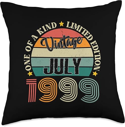 25 Year Old Vintage July 1999 25th Birthday Retro Throw Pillow, 18x18, Multicolor