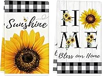 TAJWE Spring Kitchen Towels Set of 2, 18x26 Inch Absorbent Sunflower Floral Buffalo Plaid Dish Towels, Farmhouse Summer Decor for Kitchen & Bathroom