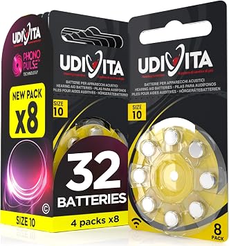 32 Hearing Aid Batteries Size 10 Udivita Yellow PR70 Zinc-Air with Phono Pulse Technology - 4 Blisters of 8 Batteries