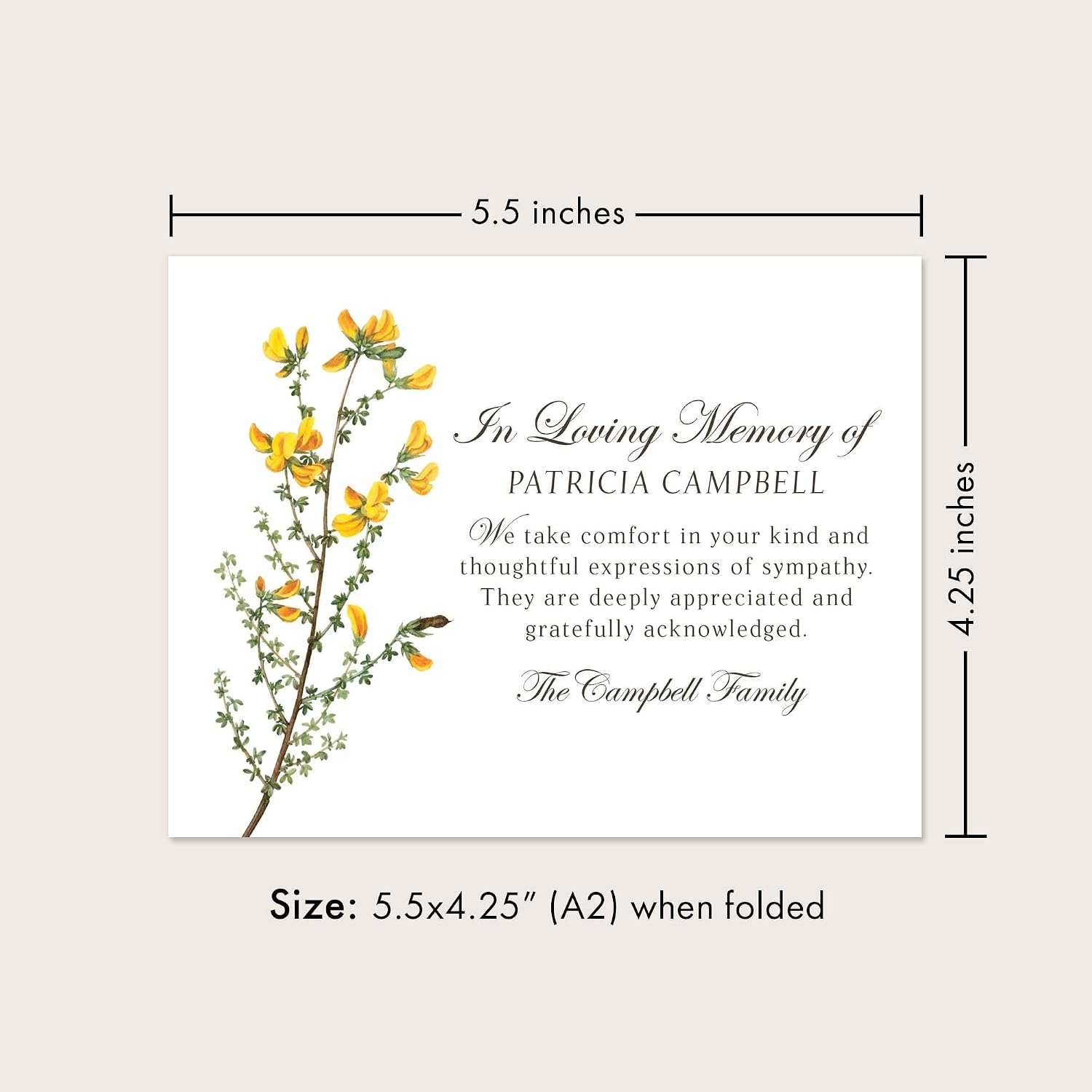 Sympathy Thank You Cards, Personalized 5.5x4.25 Funeral Thank You Cards with Yellow Flowers, Envelopes Included (Folded Card)