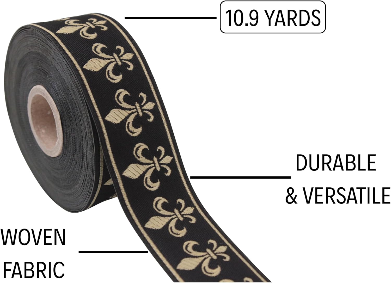 Fleur de lis Jacquard Ribbon – 1.37" Wide, 10.9 Yards Long, Black Gold Woven Trim for Medieval Costumes, Renaissance Decor, DIY Crafts, and Gift Wrapping