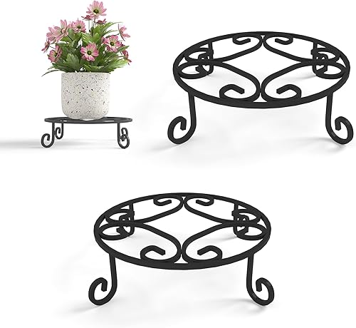 Paquete de 2 soportes de metal de 10 pulgadas de diámetro para plantas de exterior, soporte negro resistente para macetas, soportes redondos de
