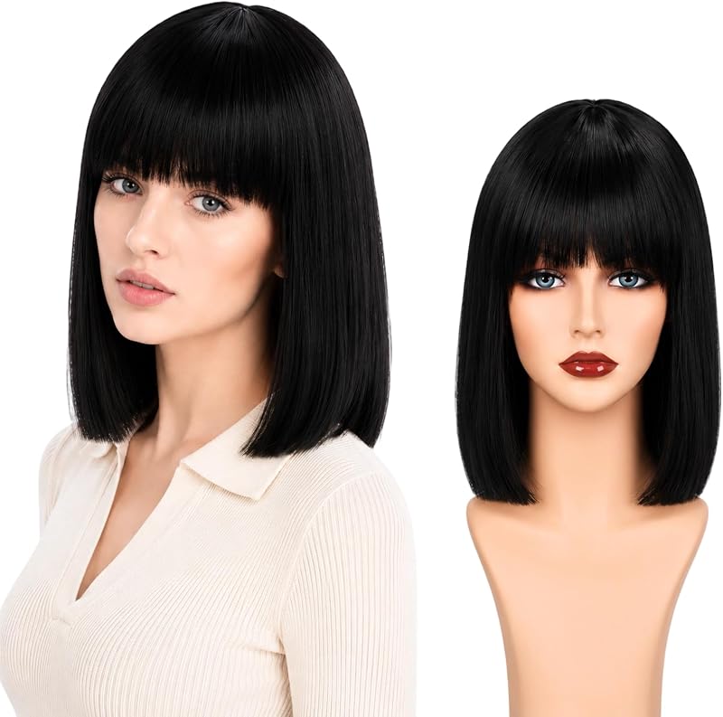 Short Black Bob Wig with Bangs for Women | Shoulder-Length Black Gothic Wigs, Halloween Costume Accessory for Photo Booths, Cosplay, Masquerade and Daily Outfits