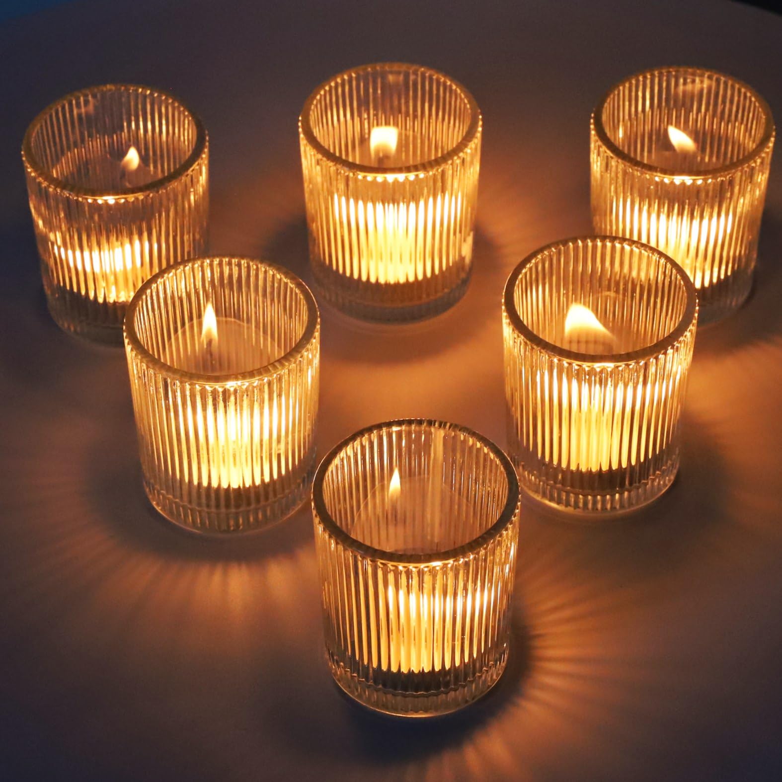Lot de 12 Bougeoir Verre à thé Côtelés, Photophore Verre Transparents pour Mariage, Contenants pour Bougie pour Fête, Décoration Intérieure et Décoration de Noël (5,5 cm × 6,5 cm)