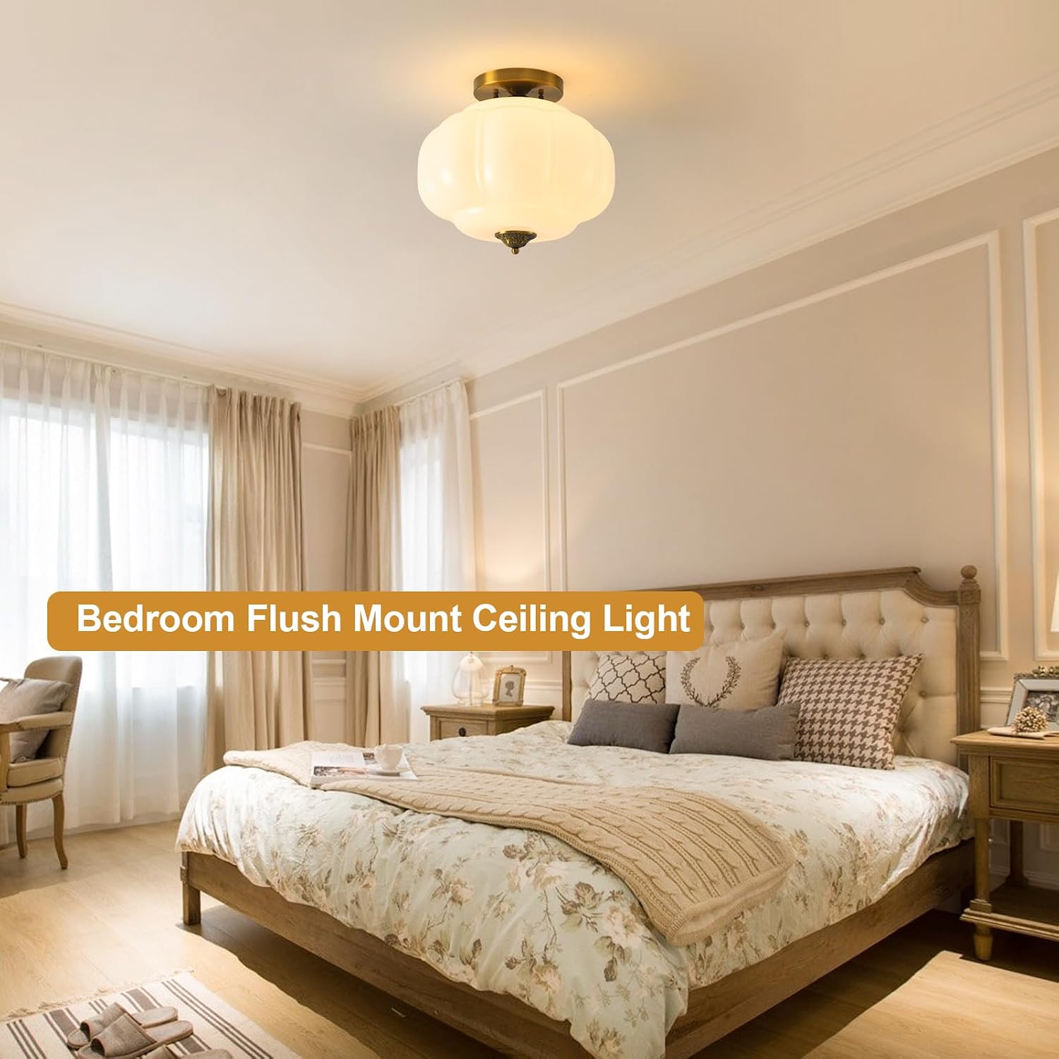 15in Milk Glass Ceiling Light, Vintage Gold Semi Flush Mount Schoolhouse Ceiling Light Fixture Art Deco Style, for Kitchen Island Dining Living Room Lighting, LED Bulb Included 1 Pack