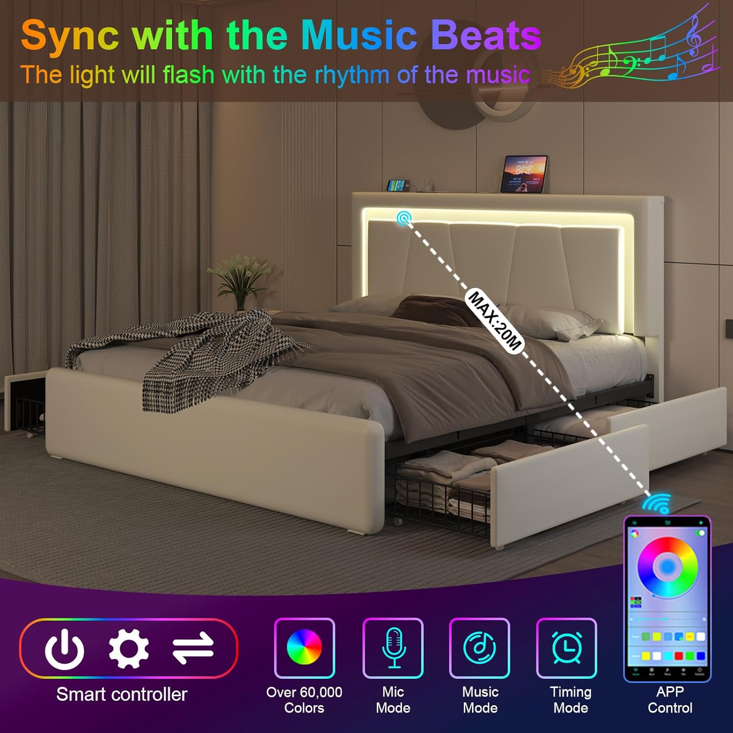 Queen Size Bed Frame with 4 Storage Drawers and LED Lights, Upholstered Platform Bed with Adjustable Headboard and Charging Station, Metal Slats Support, No Box Spring Needed,Easy Assembly, White