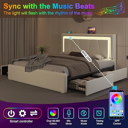 Miniatura 4 de Base de cama tamaño Queen con 4 cajones de almacenamiento y luces LED, plataforma tapizada con cabecera ajustable y estación de carga, soporte de