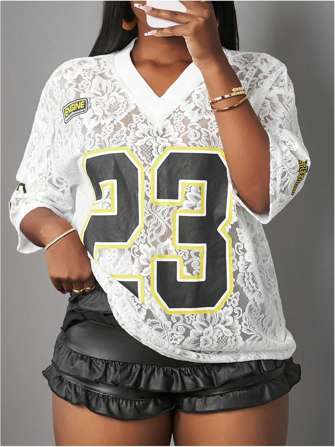 Women's Y2k Floral Lace Jersey Shirt Number Print Sheer V Neck Short Sleeve Summer Tee Tops - Image 3