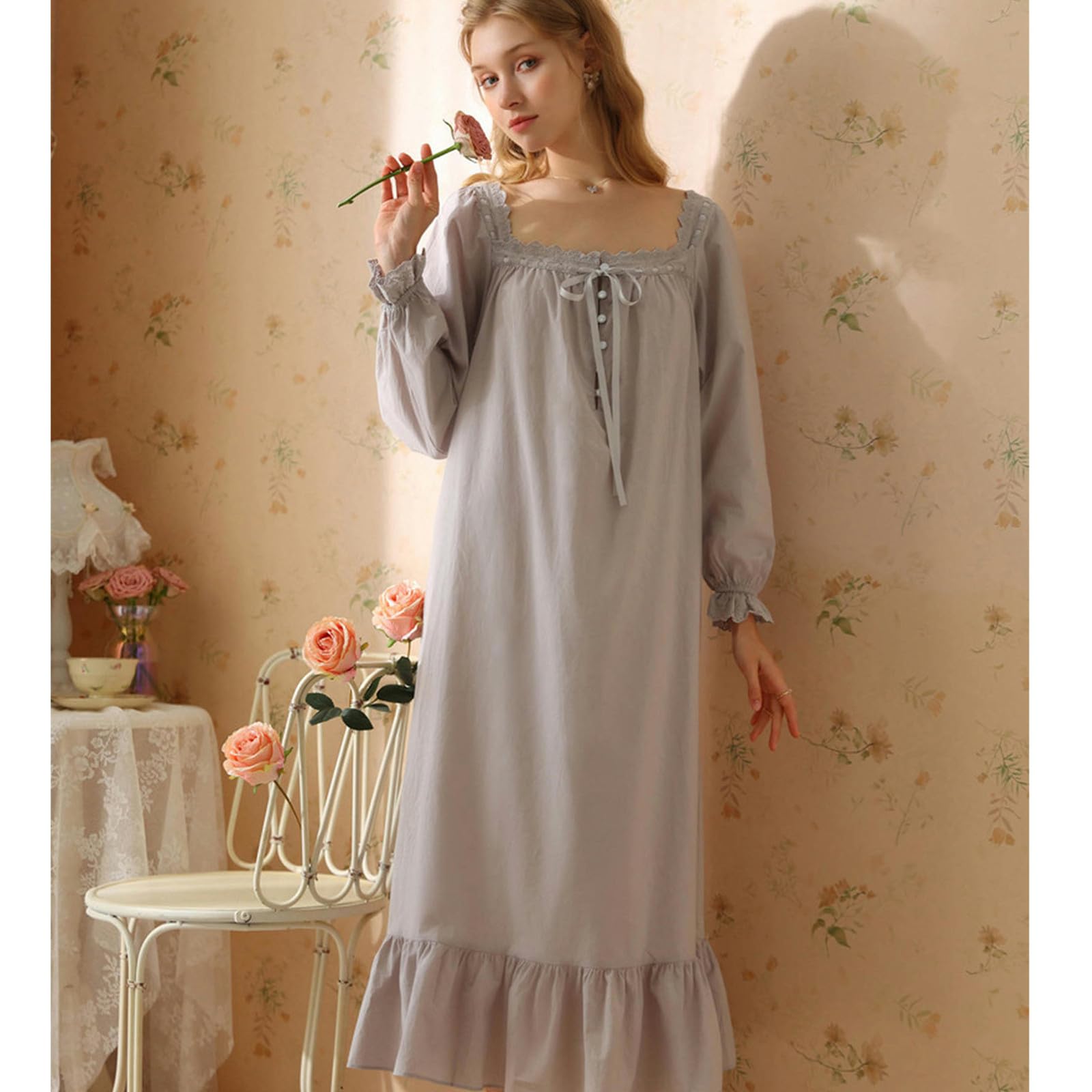 Camicia Notte Donna Palace Princess Style Nightdress Women Spring And Autumn Cotton Long Long Long Long Pigias Donne Plus Size Home-Manica Lunga Rosa-XL
