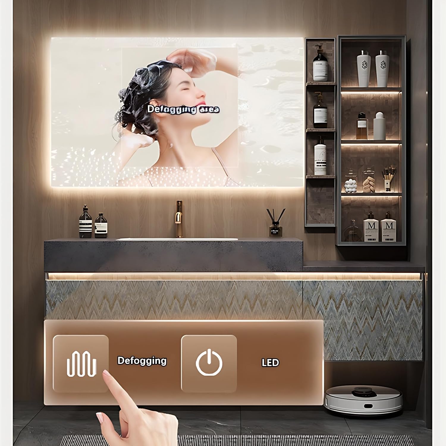 Bathroom Vanity with Sink- Modern Bathroom Sink Vanity with Smart LED Defog Mirror ? 2 Drawers, Solid Wood Bathroom Cabinet, Wall Mounted (White, 44'')