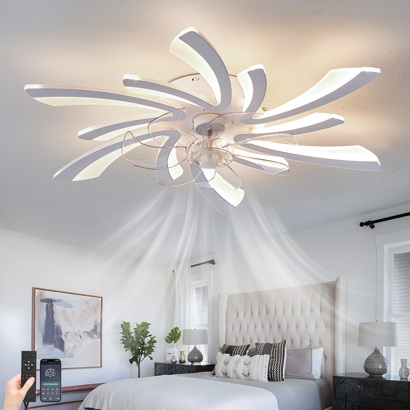 SXDMOUBK Modern Ceiling Fans with Lights 6 Speed Silent Dimmable Light with Fan Reversible Remote Control Light Fan Ceiling White Fan Lights Bedroom LED 60w Dc Reversible Motor Living Room