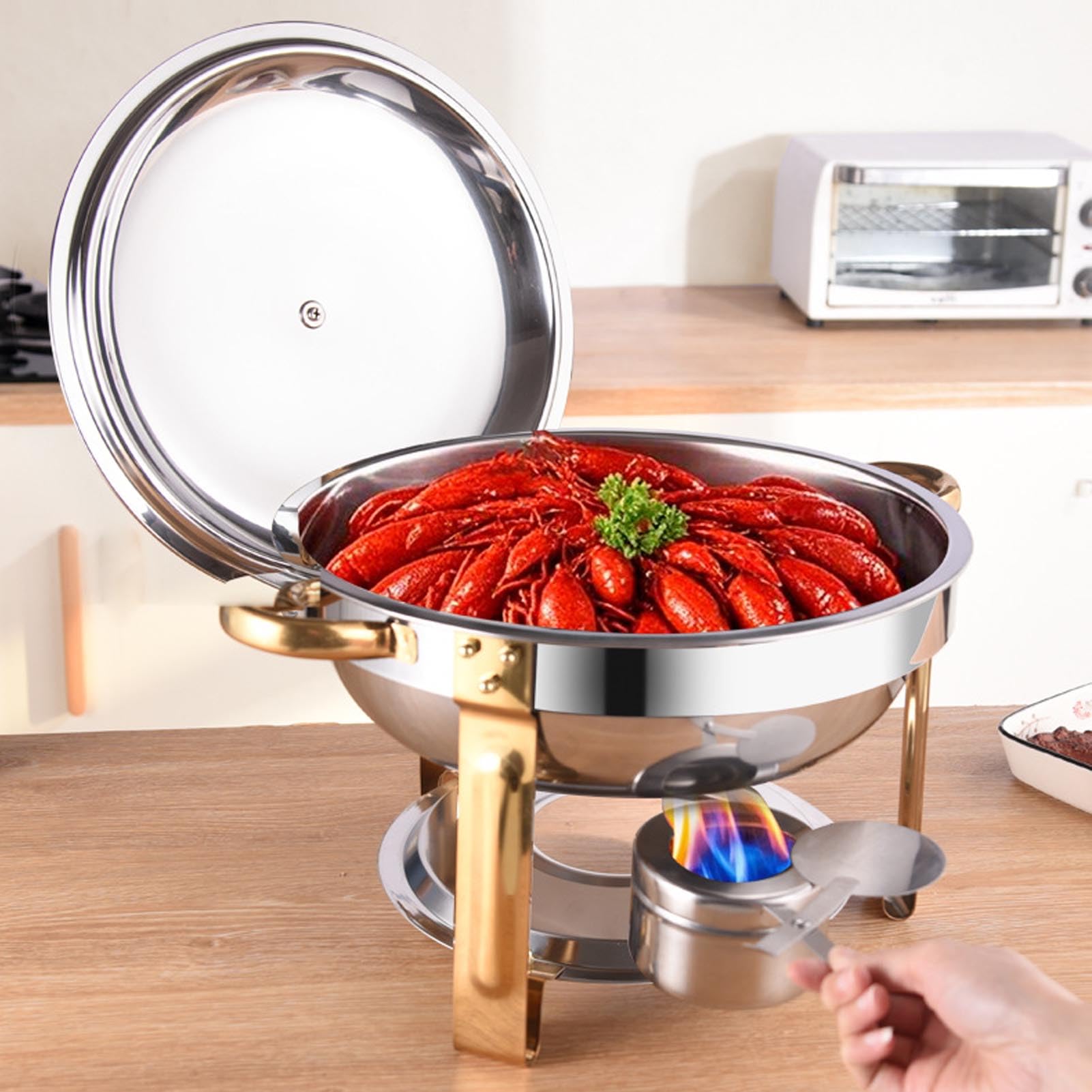 Haofy Chafing Dish Redondo de 4,5 L de Acero Inoxidable con Base Triangular Segura, Calentador de Buffet para Fiestas, Catering, Servicio de Restaurante, Almacenamiento Compacto