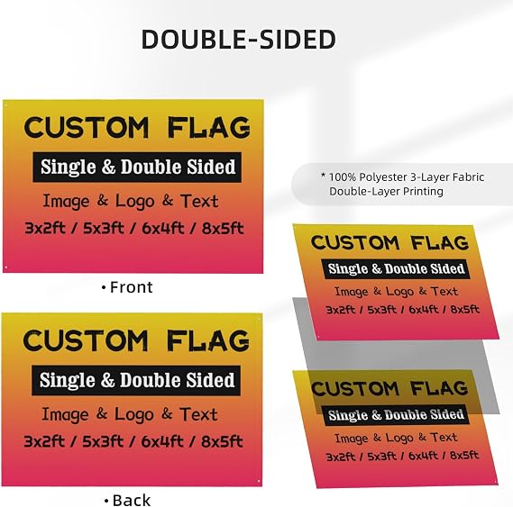 Custom Double Sided Flag Banner With Eyelets - Personalized 5ftx3ft/3ftx2ft/6ftx4ft/8ftx5ft - Make Your Own With Print Photo/Logo/Text for Festival, Birthday, Garden, Outdoor Yard