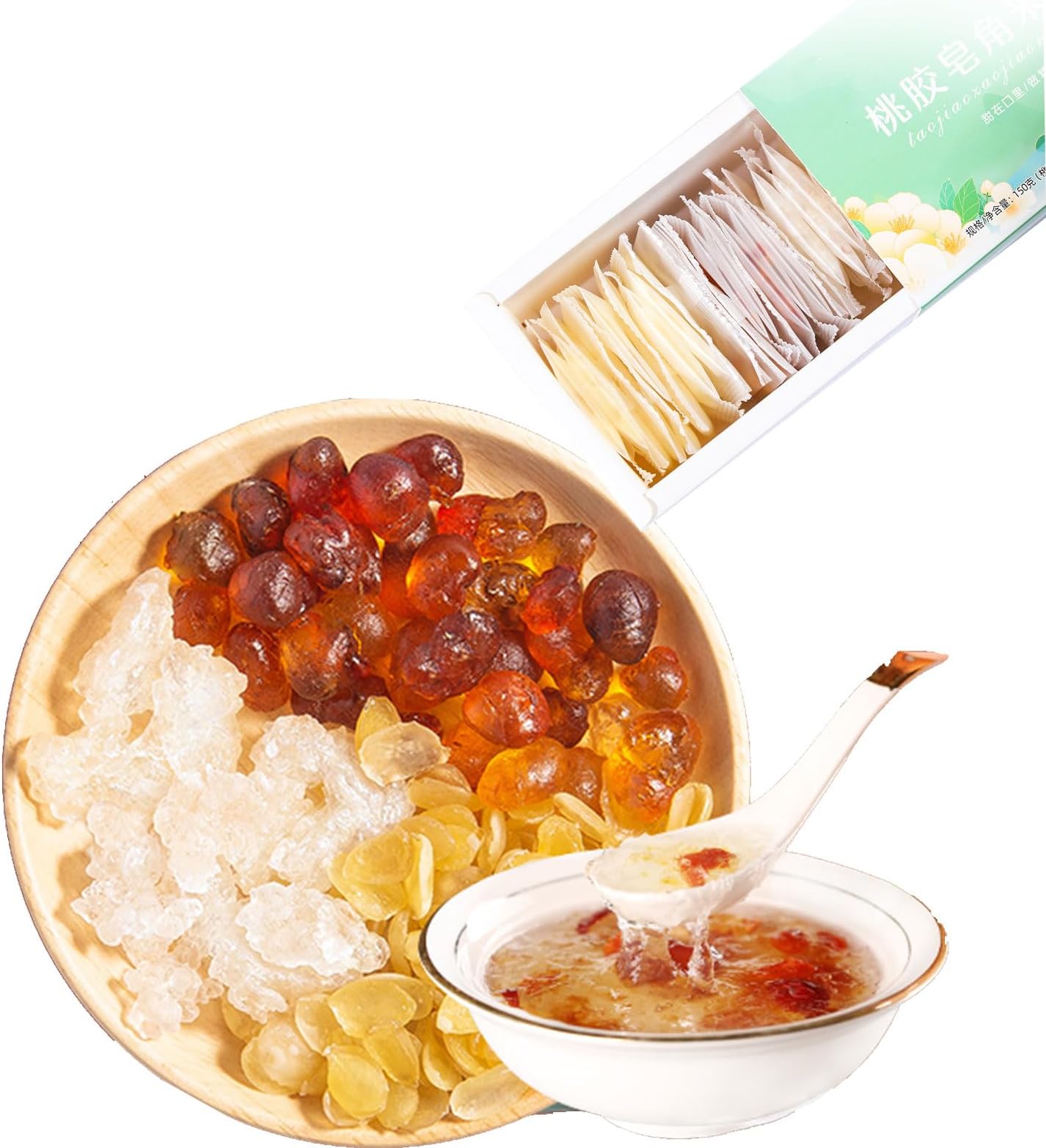 Peach Gum Honey Horn Rice Snow Yan Combination5.29oz/150g (30 bags)，Peach Gum Combination，Can be cooked with goji berries, red dates, rock sugar, and fruits，independent Package
