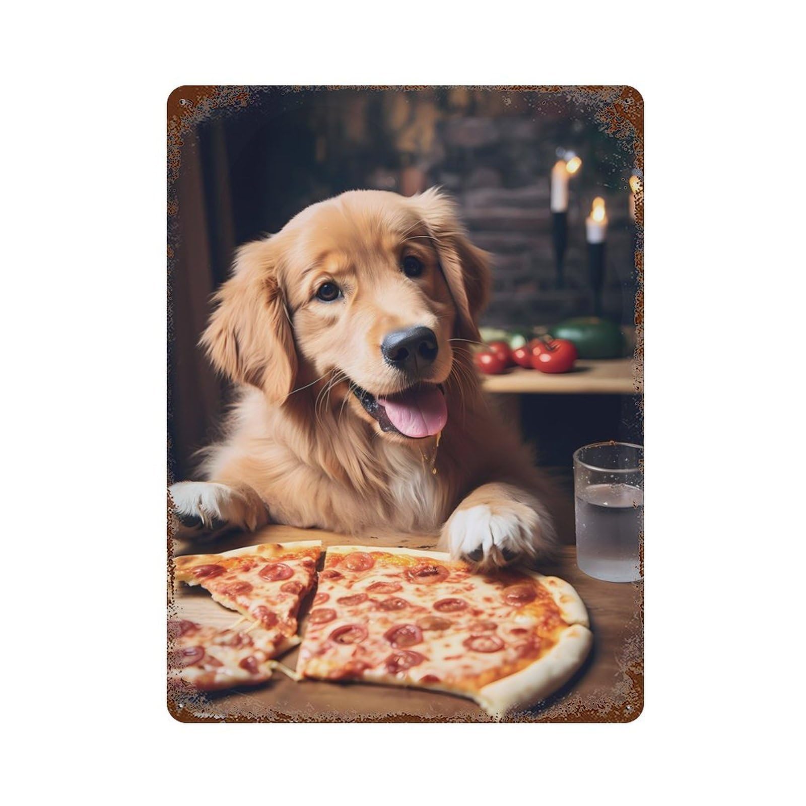 Golden Retriever Pizza Dog Vintage Wall Sign 15.7"x11.8", Rust Effect Metal Decor for Basement, Hobby Room And Garage Decor