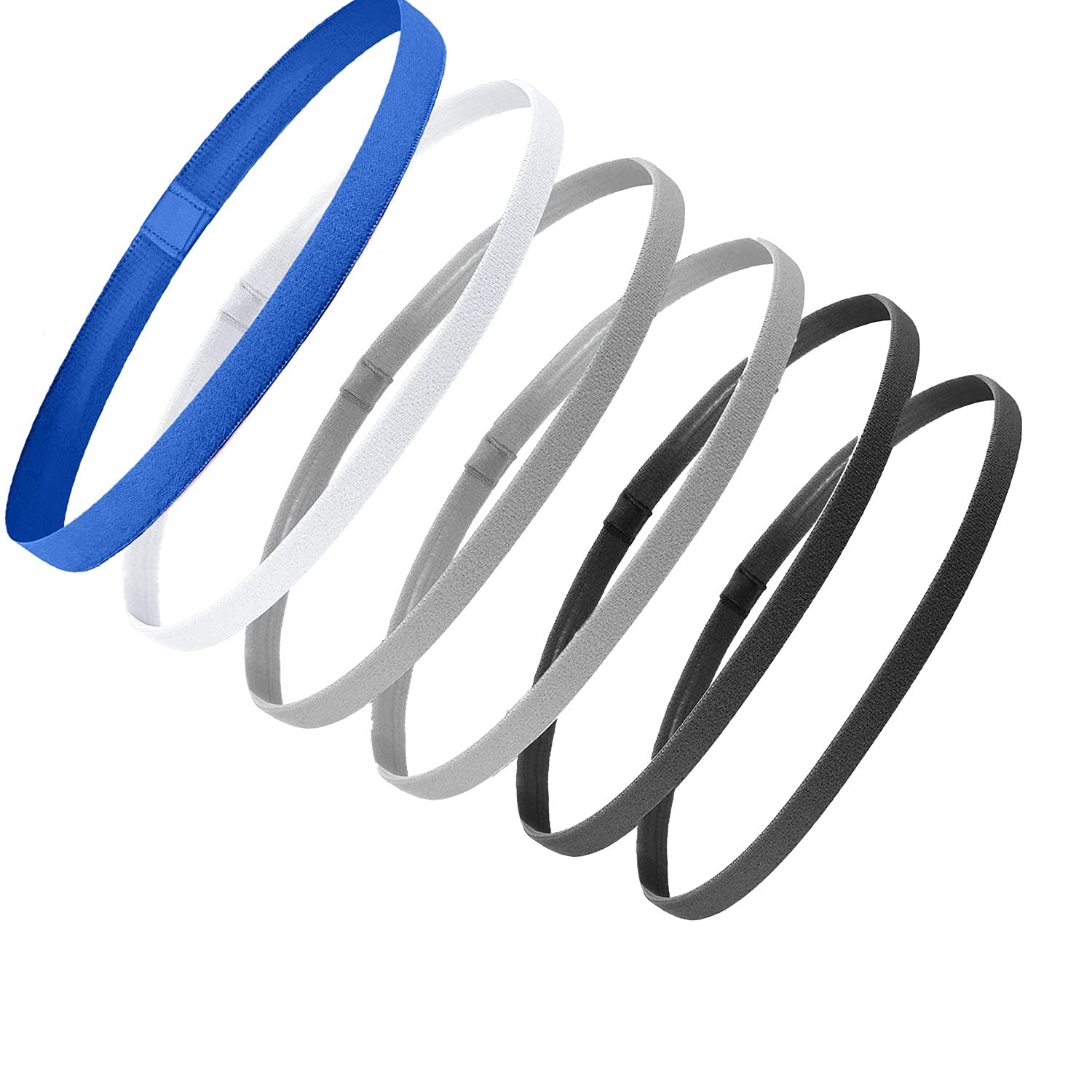 Melhope6 Pieces Thick Non-Slip Elastic Sport Headbands Hair Headbands for Women and Men (Black, Grey,White and Blue)