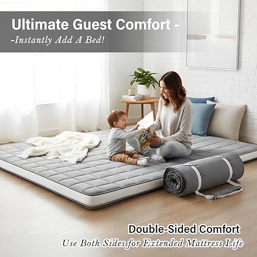 Miniatura 6 de Tiita Colchón de futón plegable de 4 pulgadas de grosor con bolsa y correa, tapete de cama para invitados, tumbona y tabel, gris, tamaño Queen