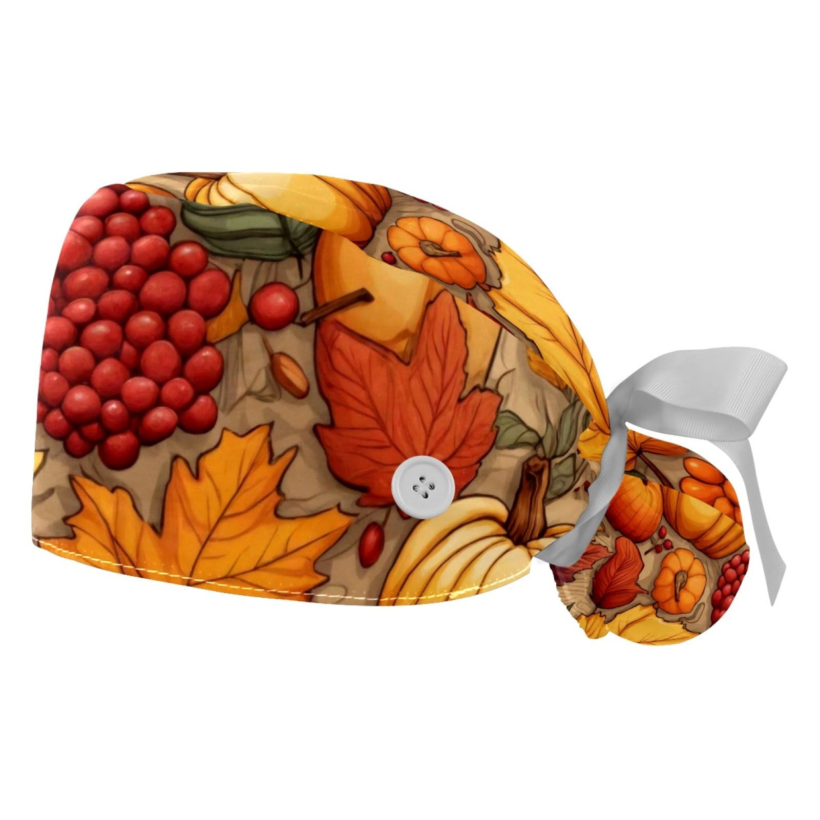2Pcs Autumn Thanksgiving Scrub Caps Button Sweatband Adjustable Working Cap Surgical Cap Nurse Hats Women Men Multicoloured