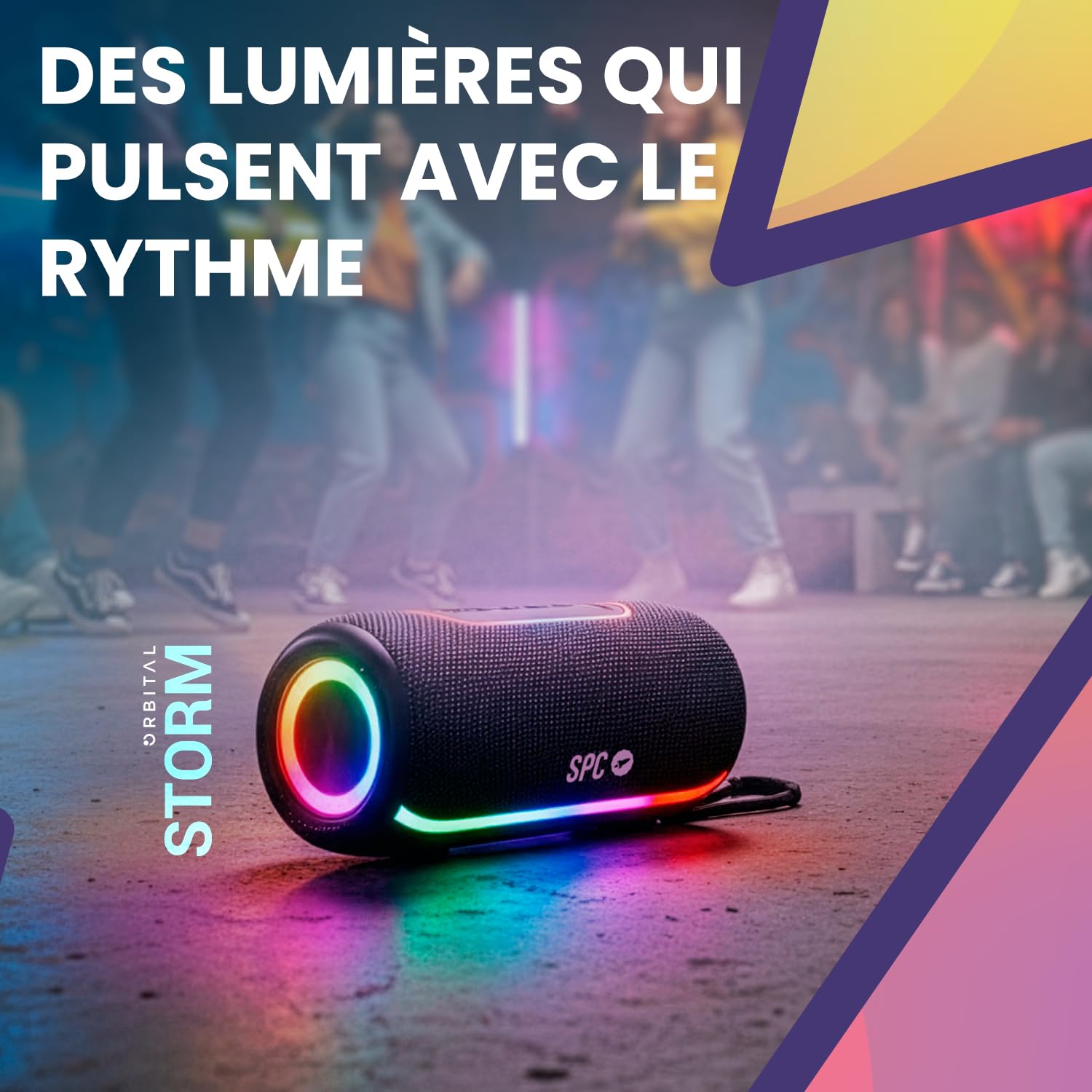 SPC Orbital Storm – Enceinte Bluetooth puissante 60W Portable avec lumière LED 360° | Jusqu’à 20h d’autonomie | Étanche IPX6 | True Wireless | USB, microSD, Jack 3,5mm | Enceinte avec Sangle