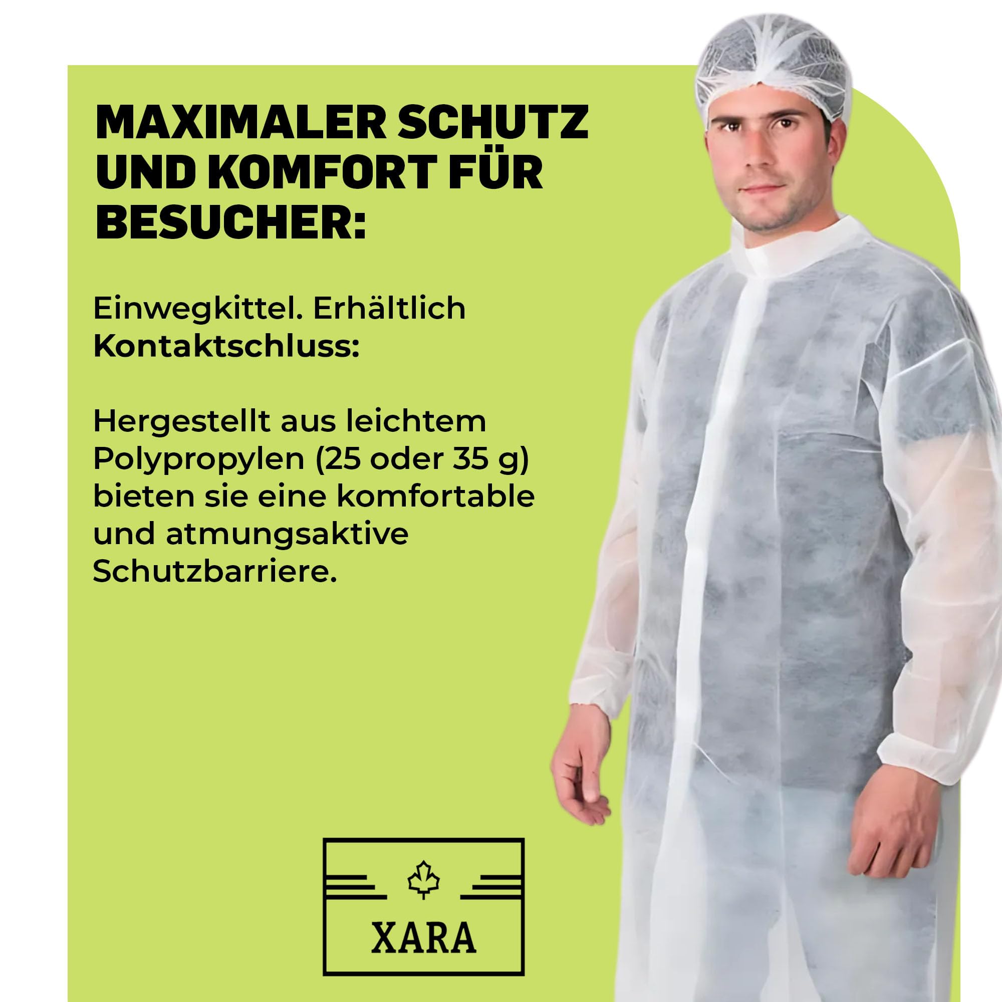 XARA Schutzkittel Einweg - Einweg-Schutzkittel – Einwegkittel – Einheitsgröße - Größe XL -112 x 138cm - TNT Polypropylen 35 gr - Einwegkittel mit Kontaktverschluss - Atmungsaktiv - 10 Stück