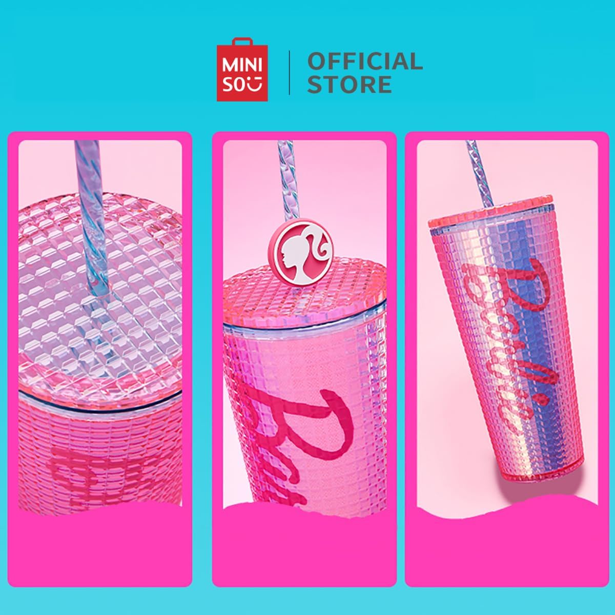 MINISO Barbie Travel Tumbler 26 oz Studded Cup with Lid and Straw Vacuum Insulated Water Bottle Holder Compatible BPA-Free Fashionable Plastic Cup for girls and kids| Car School Home Party Pink - Image 9