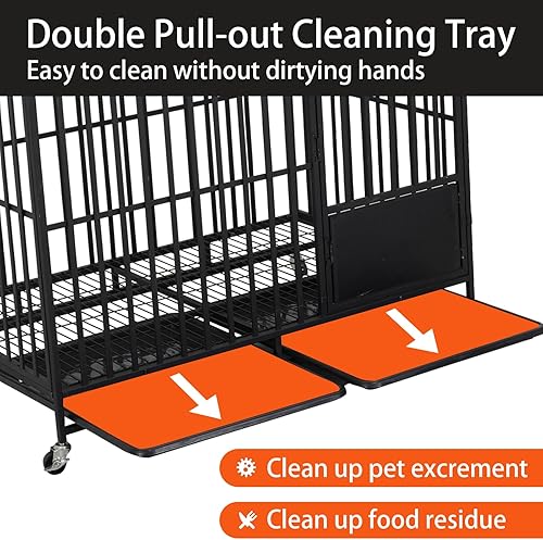 Miniatura 6 de Jaula resistente de 44 pulgadas, jaula para perros a prueba de escapes con ruedas con cerradura, 2 puertas para perros de alta ansiedad, jaula para