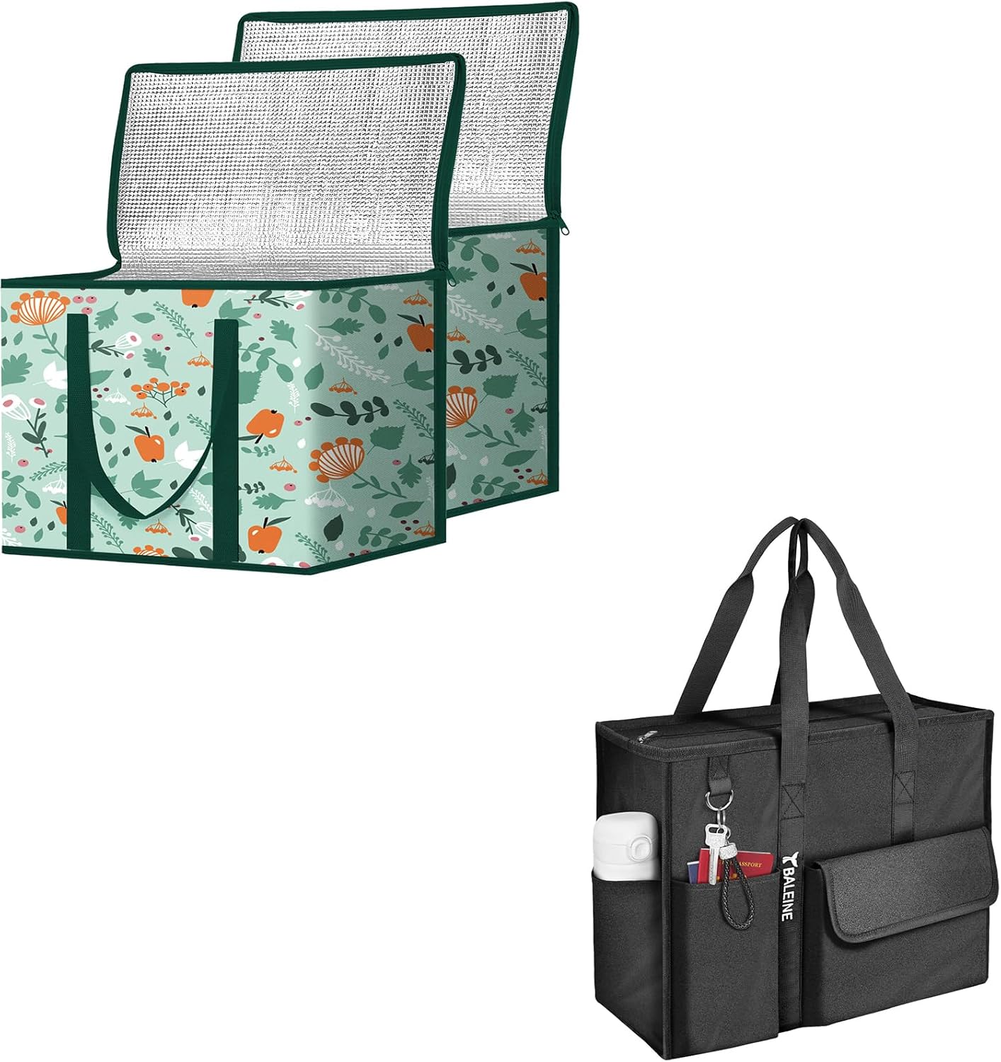 BALEINE 2Pk Insulated Reusable Grocery Bags + Large Utility Tote Bag with Reinforced Bottom(Large)