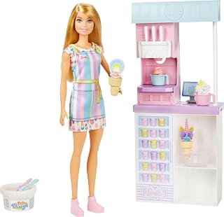 Barbie Ice Cream Shop Playset with Doll, Swirling Ice Cream Machine, Dough, Cones & Accessories - Pretend Play Fun for Kids 3+