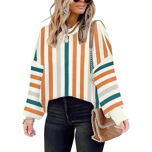 ETCYY Womens Oversized Sweaters Fall 2025 Fashion Clothes Trendy Batwing Sleeve Colorblock Striped Knit Pullover Tops