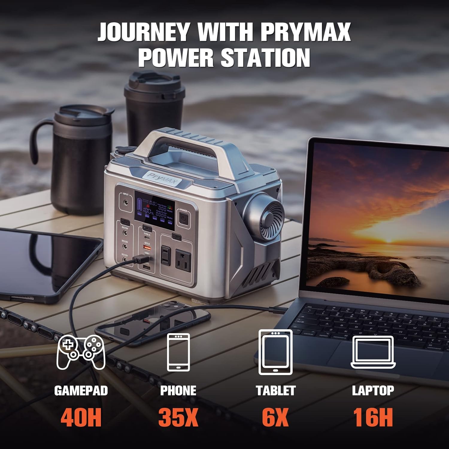 PRYMAX Power Station powering various electronic devices like a gamepad, phone, tablet, and laptop, with estimated usage times.