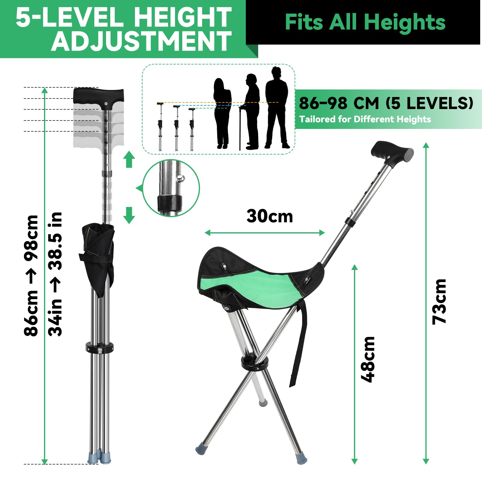 Bastone Trekking Pieghevole con Sedile, Bastone per Anziani con Allarme di Localizzazione Bluetooth, 0,95 kg Sgabello Pieghevole Portatile, per Escursionismo/Campeggio/Alpinismo/Pesca, Portata 150 kg