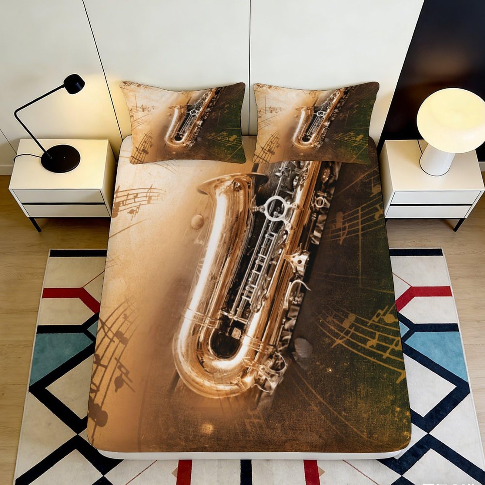 3D Printed Saxophone Melody Fitted Sheet Microfiber Soft Slip-Resistant Musical Note Mattress Cover Bedroom Decor 160x200x25cm